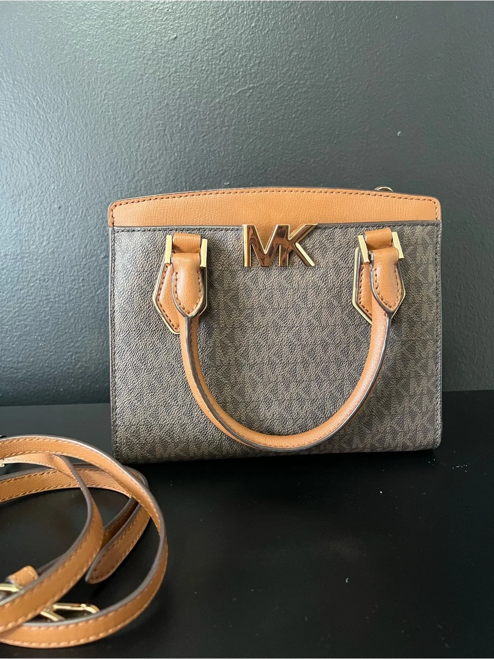 Michael Kors Brown & Tan Logo Satchel with Gold Hardware